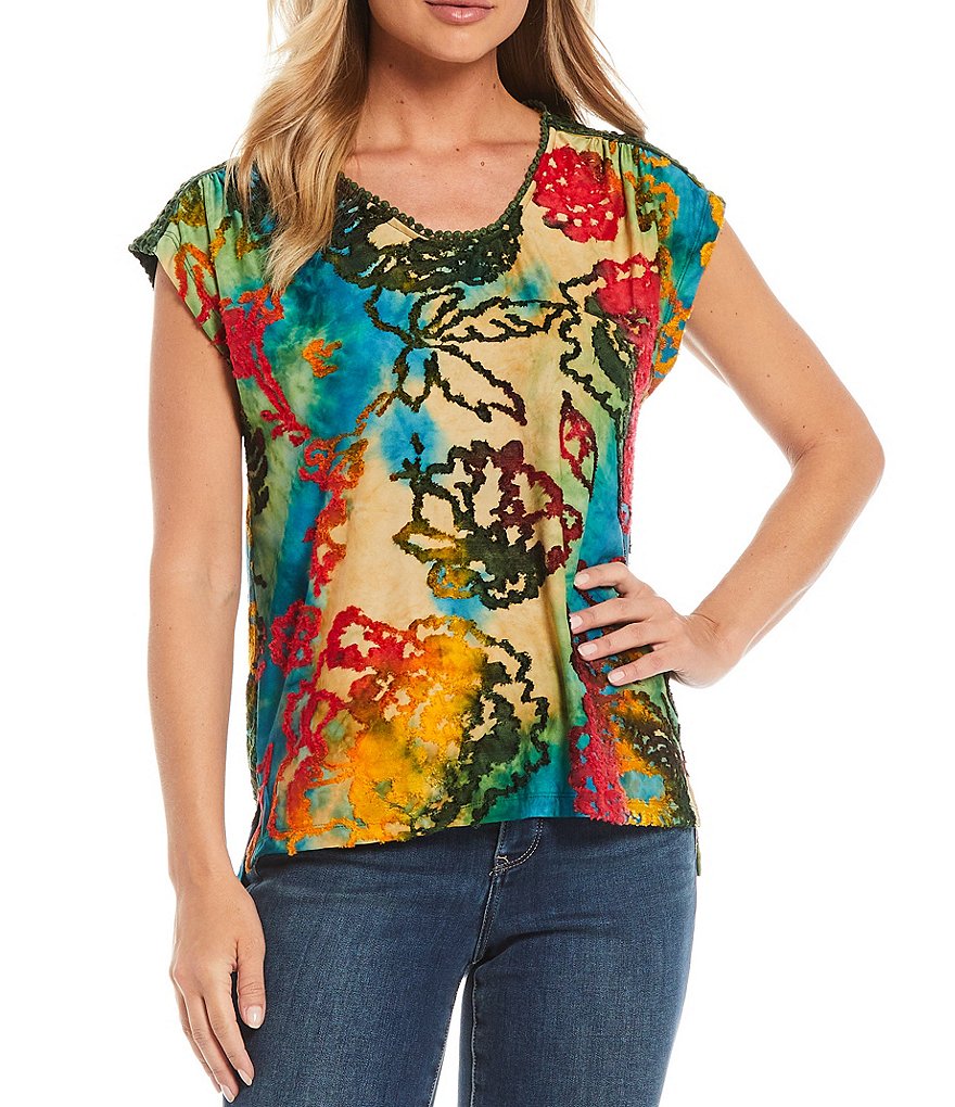 Tru Luxe Jeans Cap Sleeve Scoop Neck Burnout Print Top