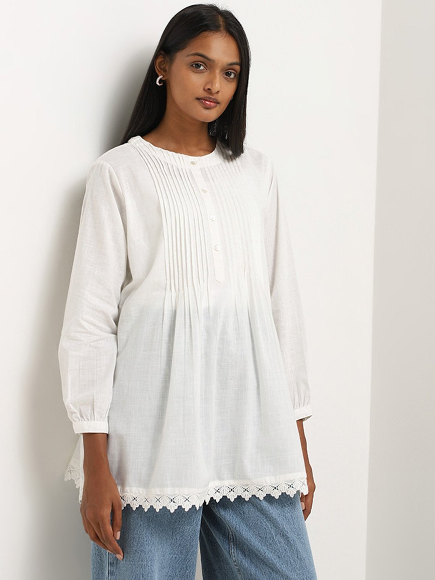 Utsa by Westside White Pintuck Detailed A-Line Cotton Kurti