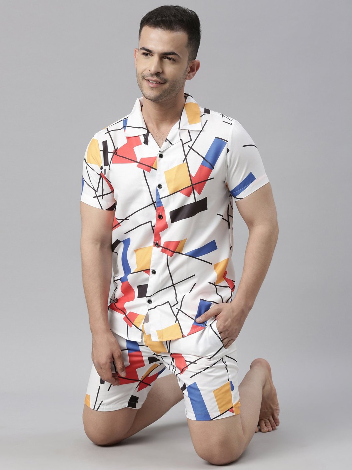 Bushirt White Regular Fit Printed Shirt With Shorts Set