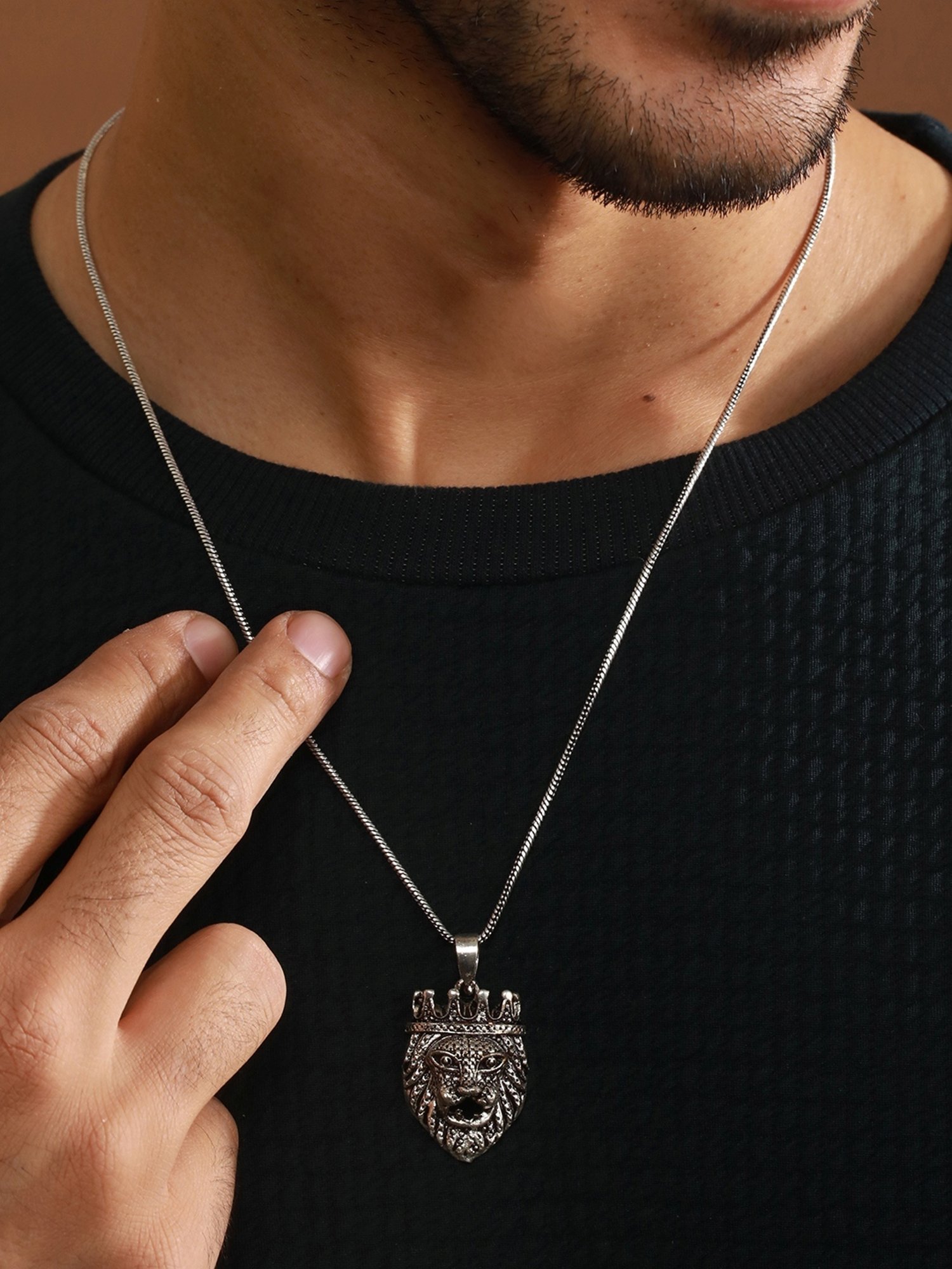 Bold by Priyaasi Crowned King Lion Black Casual Pendant With Chain for Men