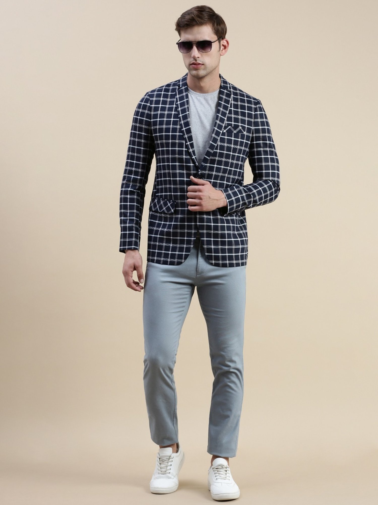 SHOWOFF Navy Blue Slim Fit Checks Blazer