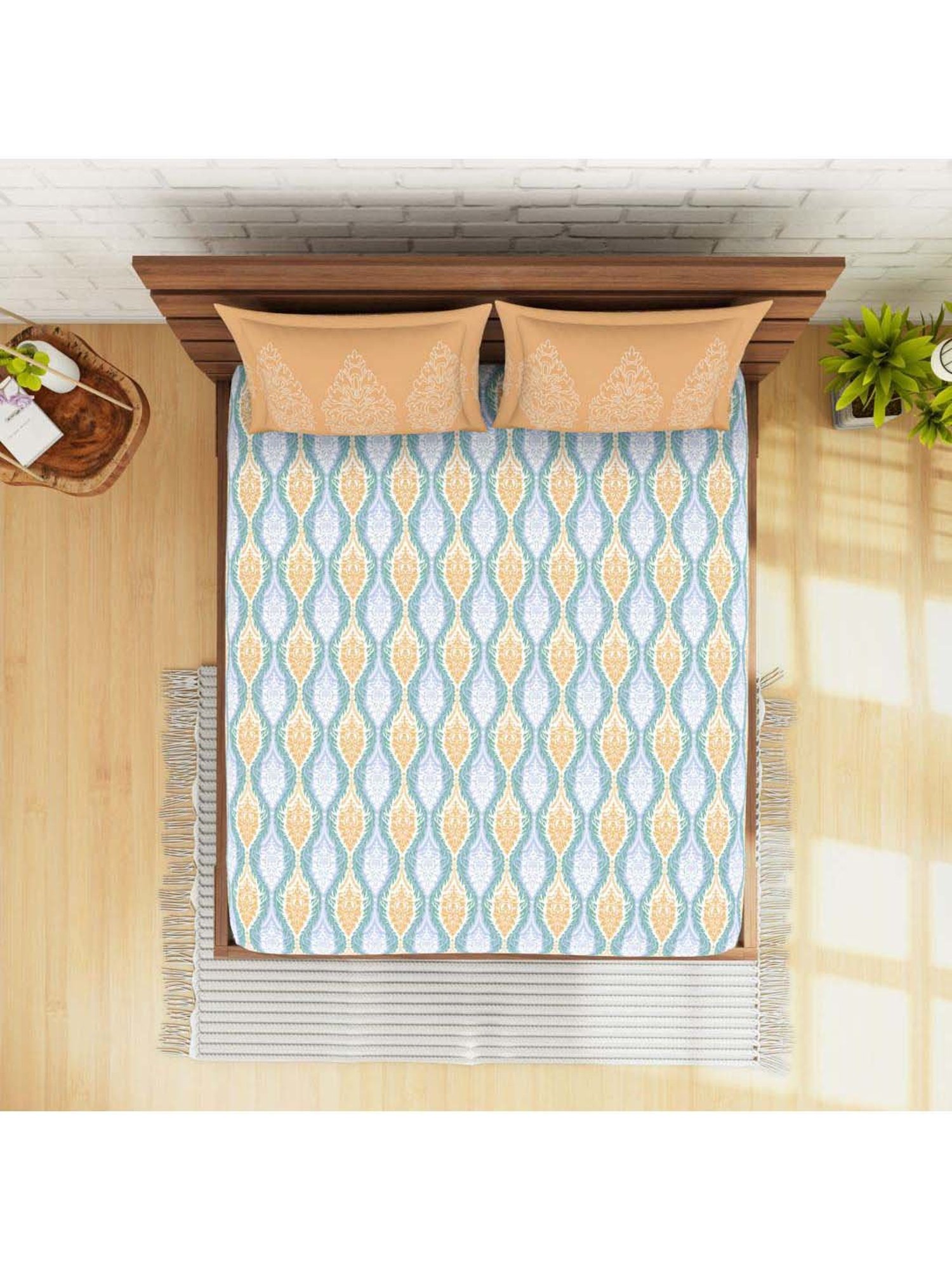 Spaces Atrium Plus Blue & Peach Cotton 210 TC Bed Sheet Set