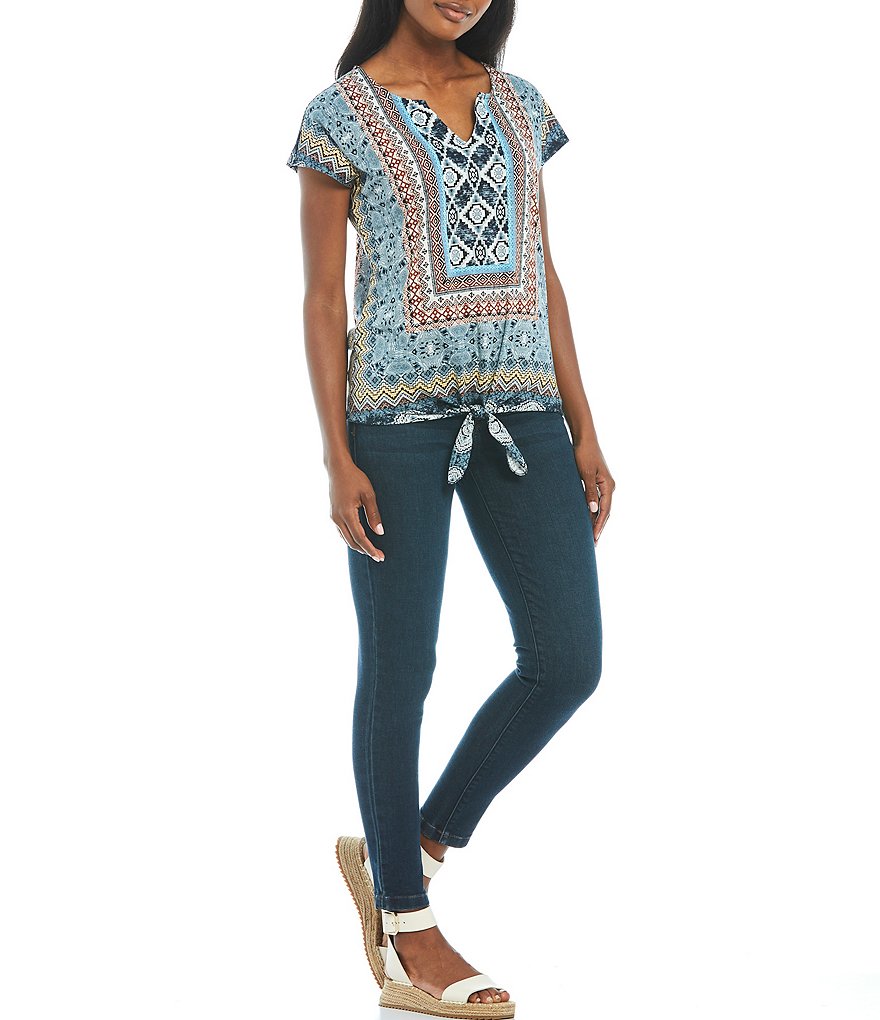 One World Apparel Scarf Border Print Notch Neck Extended Shoulder Cap Sleeve Tie-Front Tee