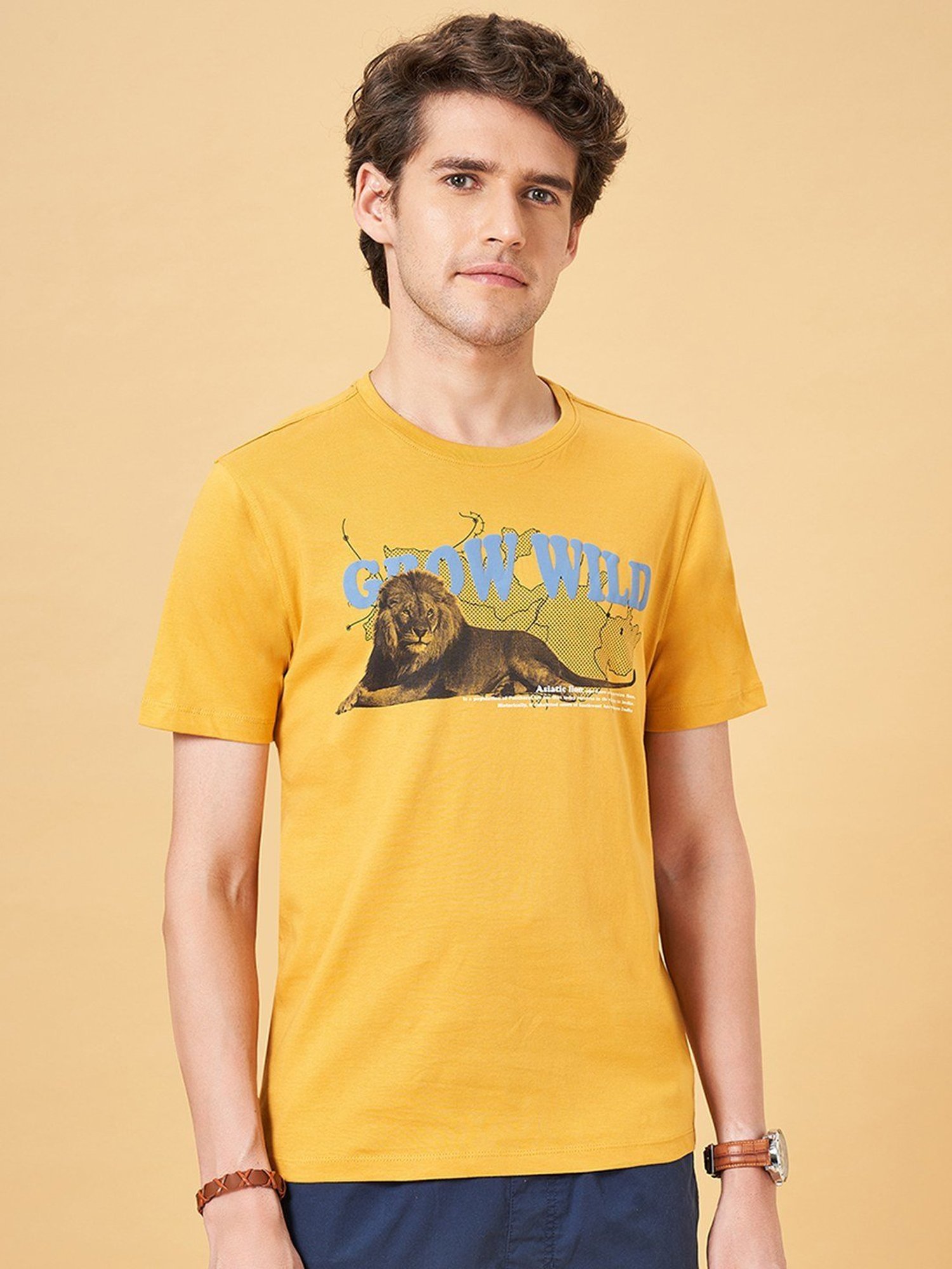 Urban Ranger by Pantaloons Chinese Yellow Cotton Slim Fit Printed T-Shirt