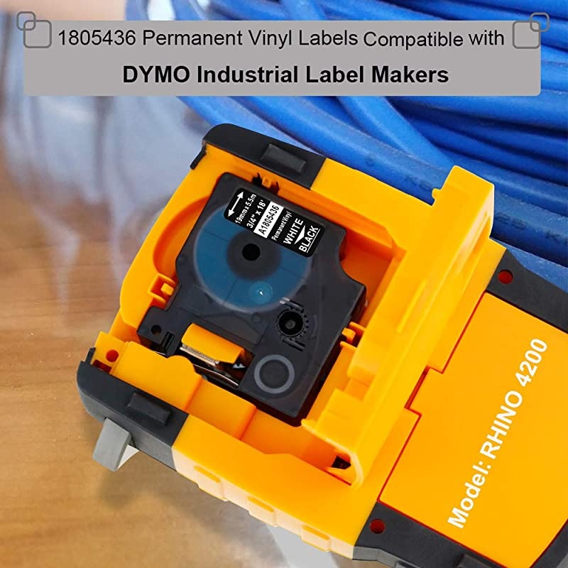 Compatible Industrial Labels Replacement for DYMO Rhino 1805436 Industrial Permanent Vinyl Label Tape for DYMO Rhino 4200 5200 5000 6000 Label Maker, White on Black, 3/4 Inch x 18 Feet,3-Pack