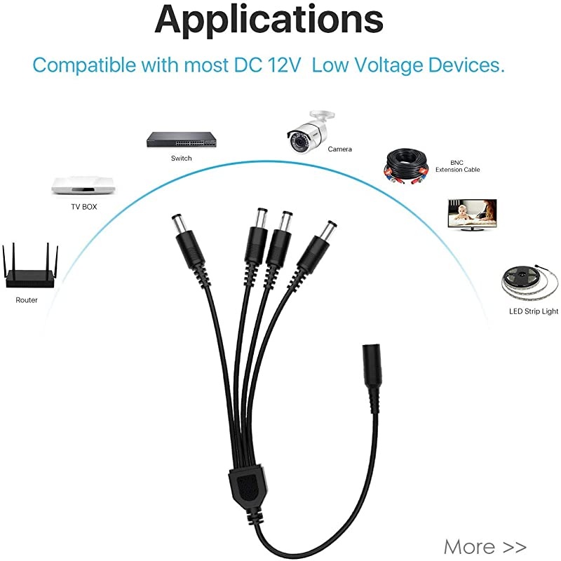 2 Pack DC Power 1 Female to 4 Male DC Power Supply Splitter Cable Cord Y Splitter Adapter Wire4 Way YCable for Security CCTV Cameras System