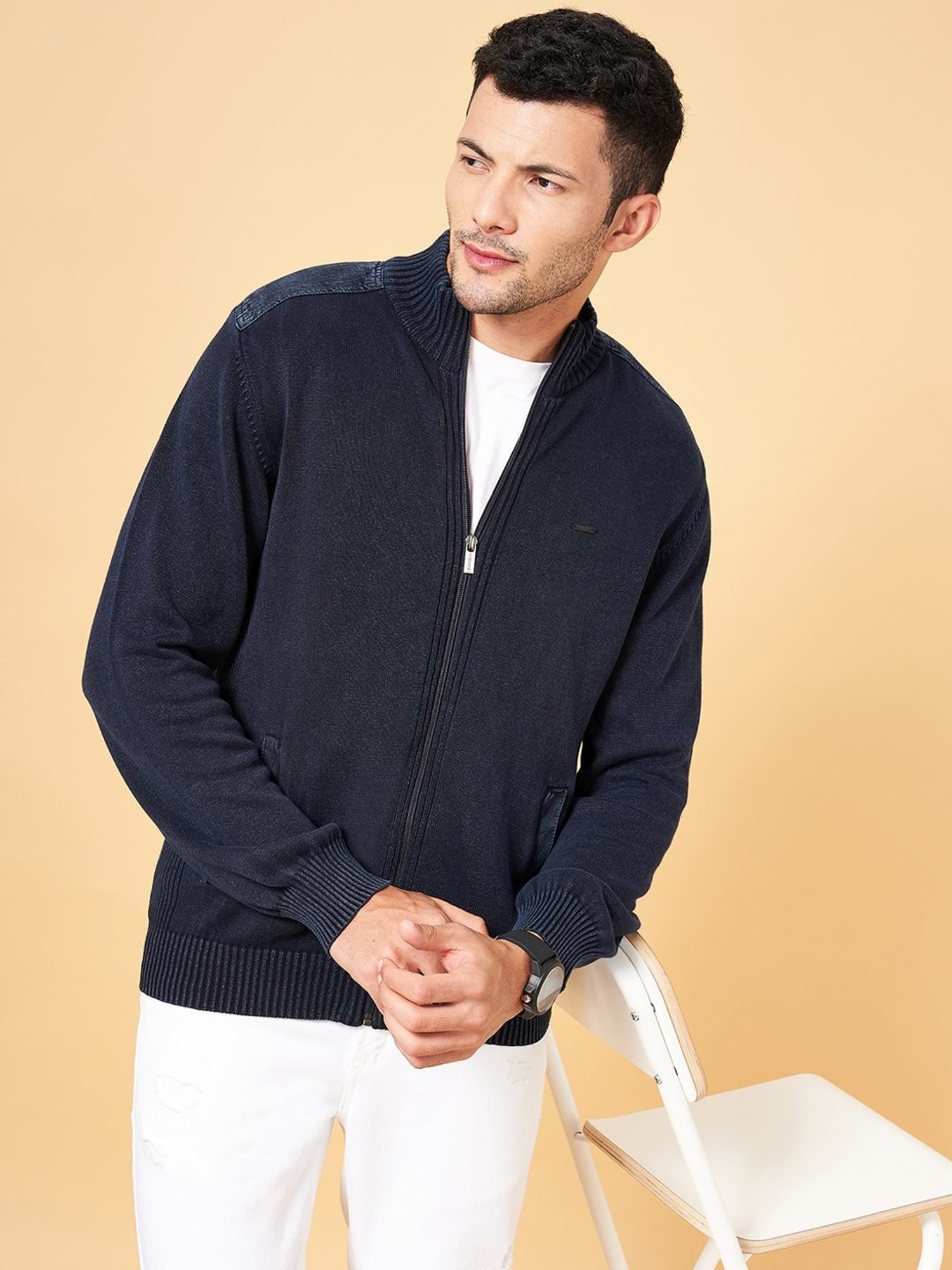 Byford by Pantaloons Navy Cotton Slim Fit Sweater