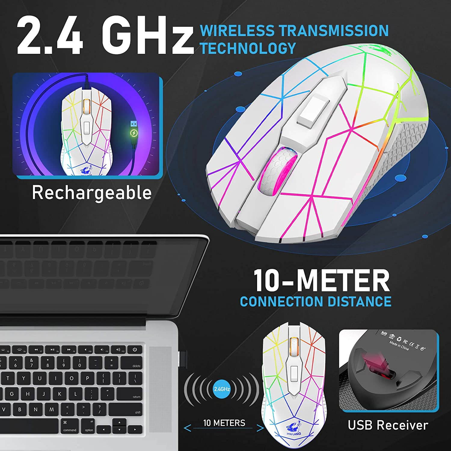 Wireless Gaming Mouse with 2.4Ghz USB Receiver Rainbow RGB Backlight Adjustable DPI Silent Click Rechargeable Ergonomic 6 Buttons Gaming Mouse for Computer Laptop PC Mac Gamer Office Use
