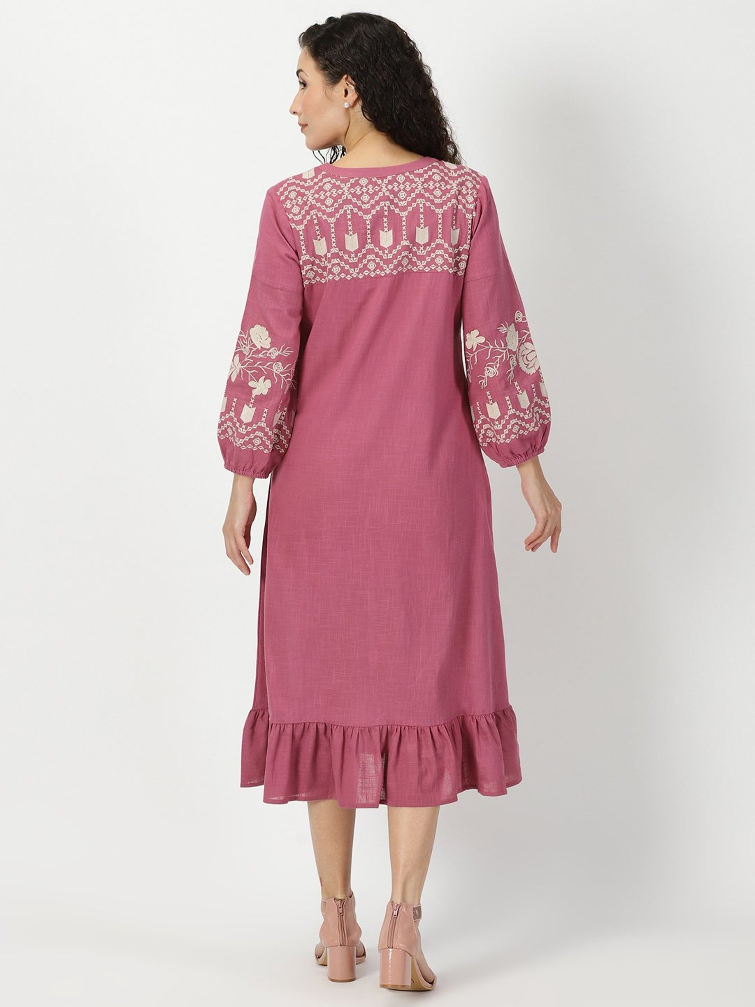 Saffron Threads Pink Cotton Embroidered Ethnic Dress