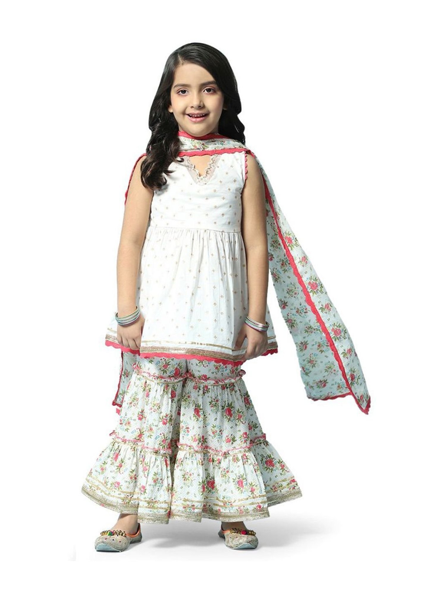 Biba Girls Off-White & Pink Cotton Printed Kurta Set