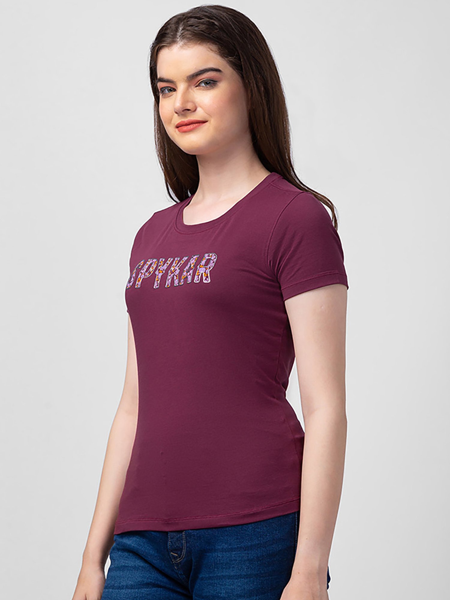 Spykar Maroon Printed T-Shirt