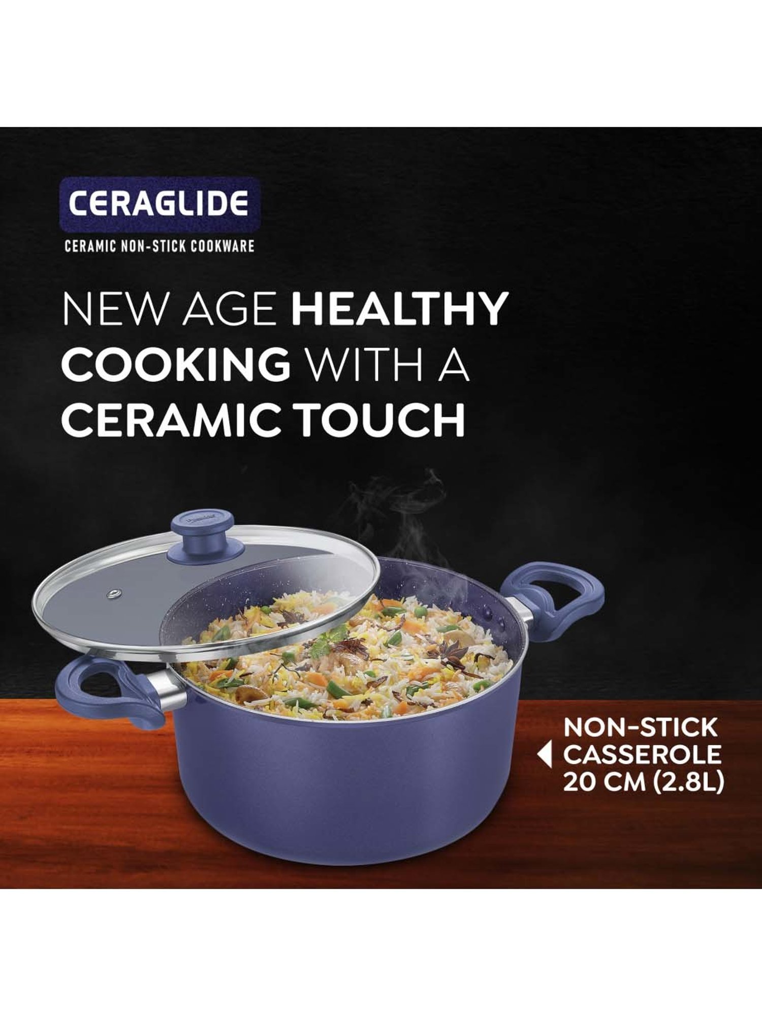 Prestige Ceraglide Ceramic Coating Blue Aluminium 20 cm Non-Stick Casserole With Glass Lid (2.8 L)