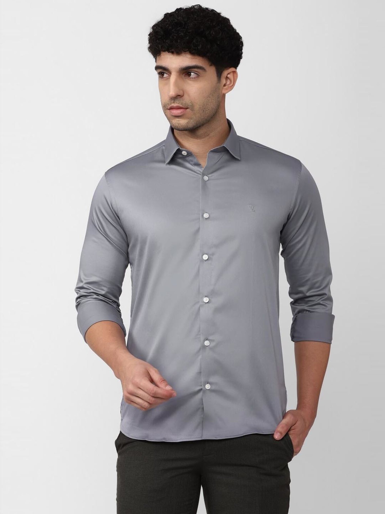 V Dot Grey Cotton Slim Fit Shirt