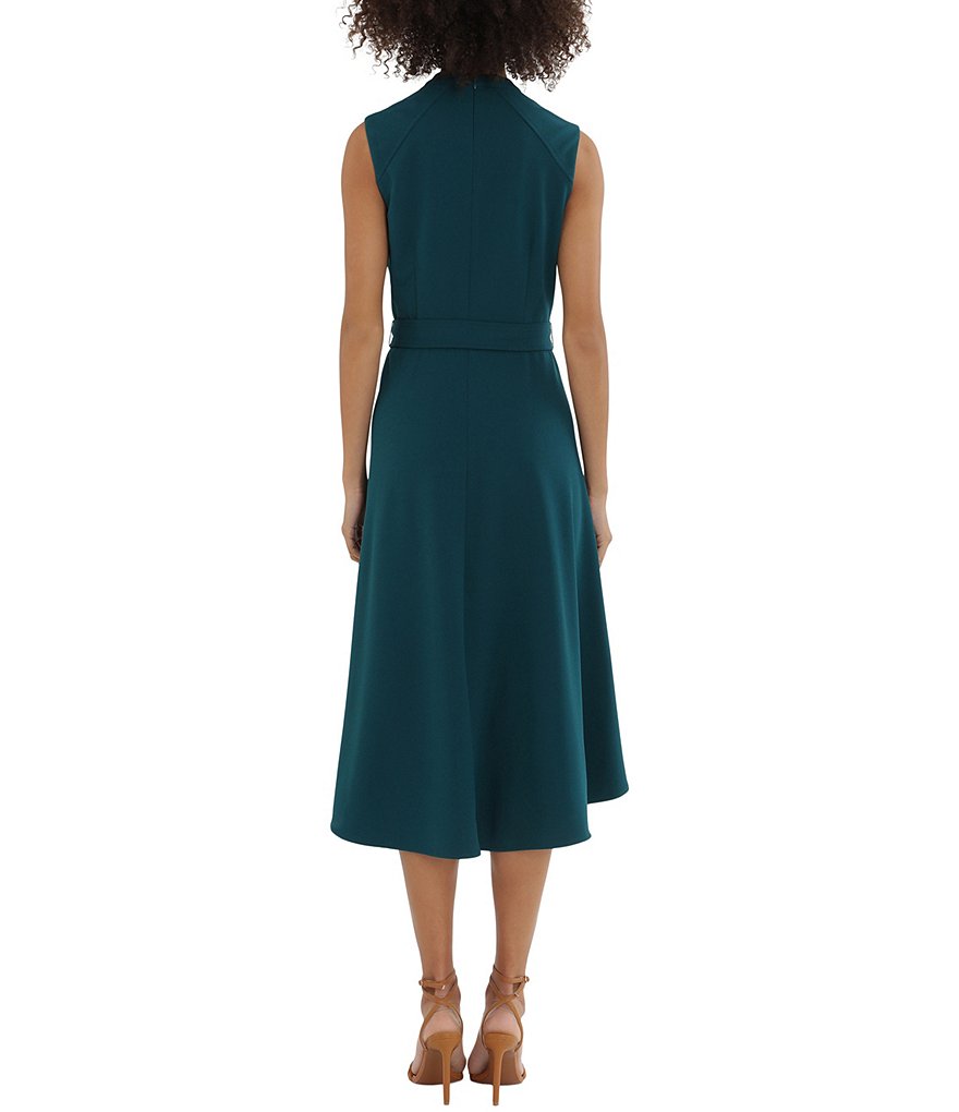 Maggy London Stretch Crepe A-Line V-Neck Sleeveless Belted Dress