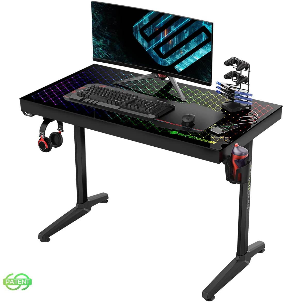 Eureka Ergonomic&reg; Gaming Desk RGB 43" Tempered Glass Desktop Home Office Computer Desks with LED Lights & New Polygon Legs Design, General Series I43, Black