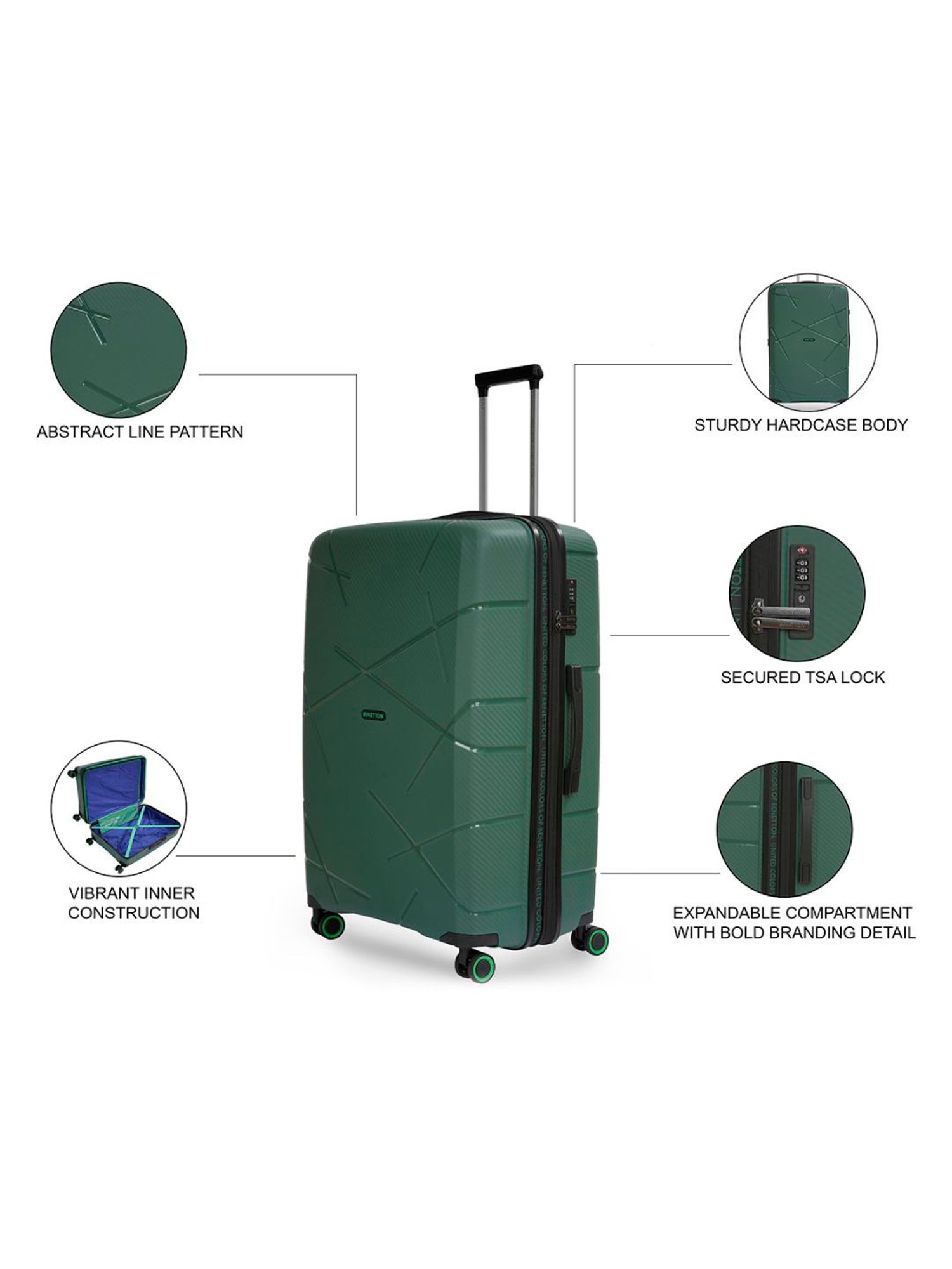 United Colors of Benetton Moonstone Green Textured Hard Medium Trolley Bag - 68 Cm