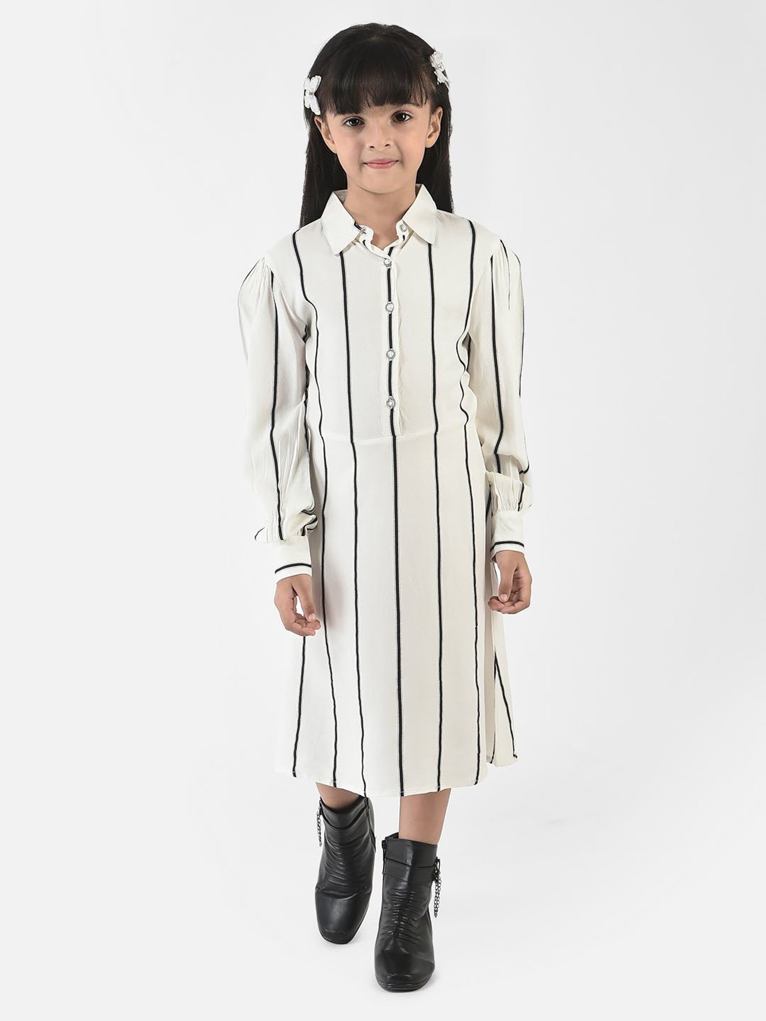Crimsoune Club Kids Off White Striped Full Sleeves Dress