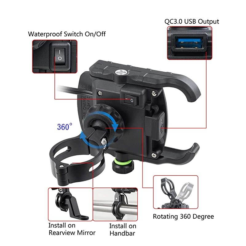 Motorcycle Phone Mount Charger USB 30 Socket Handlebar RearView Mirror Cellphone Holder Charger with Aluminium Mount Base for 12V24V Vehicles Compatible with 4065 Inch Smartphones