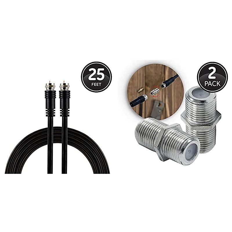 RG6 Coaxial Cable 25 Ft FType Connectors Double Shielded Coax Input Output Low Loss Coax Black RG6 Coaxial Cable Extension Adapter 2 Pack Nickel Plated 23203
