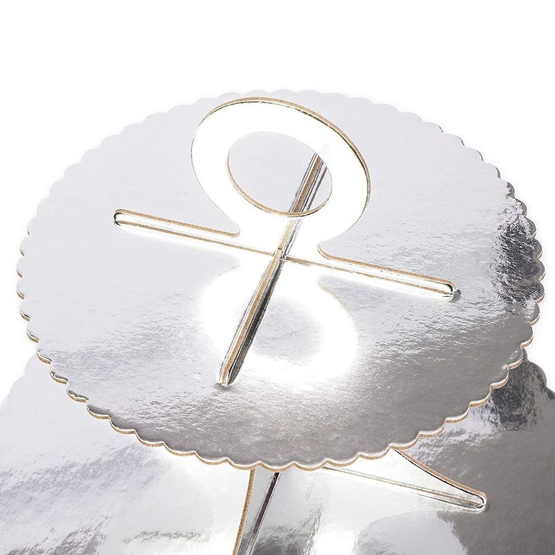 Sparkle and Bash 3-Pack 3-Tier Cardboard Cake Stand, Cupcake Dessert Treats Holder w/ Scalloped Edge, Silver Foil