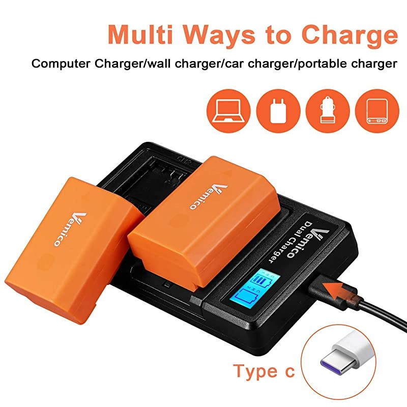 NP-FZ100 Battery Charger Kit Z-Series 2 X 2280mAh Replacement Batteries with LCD Type-C Charger for Alpha A7III/A7R III/A9/A9S/A9R/Alpha 9/A7R3/A6600