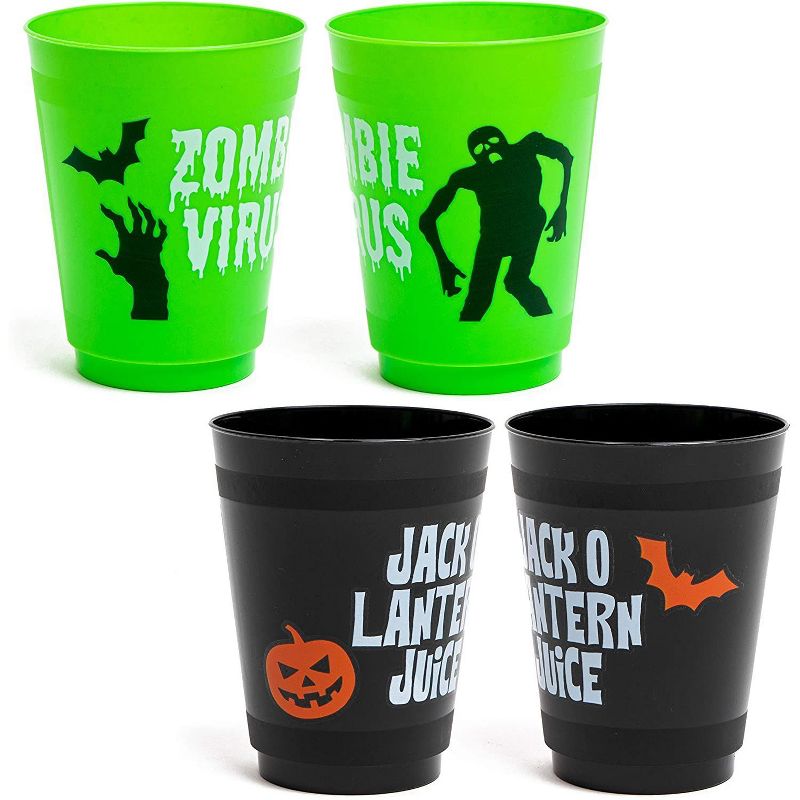 Spooky Central 24 Pack Halloween Plastic Party Cups, Witches Brew, Zombie Juice, Devil's Delight, Jack O Lantern Juice (16 oz)