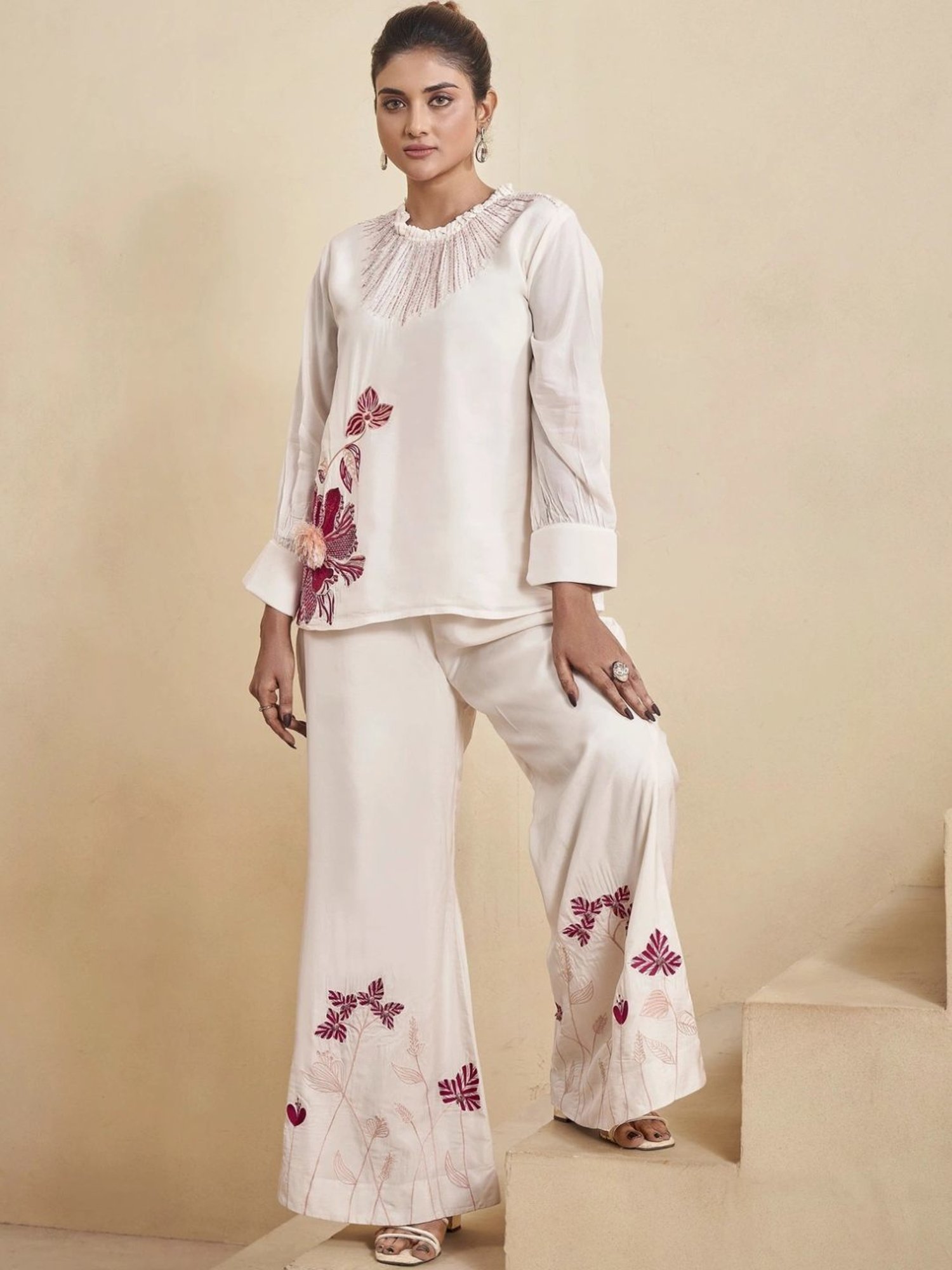 Kaftanize Off White Magnolia Blaze Ensemble Uppada Silk Top with Pant Co-Ord Set