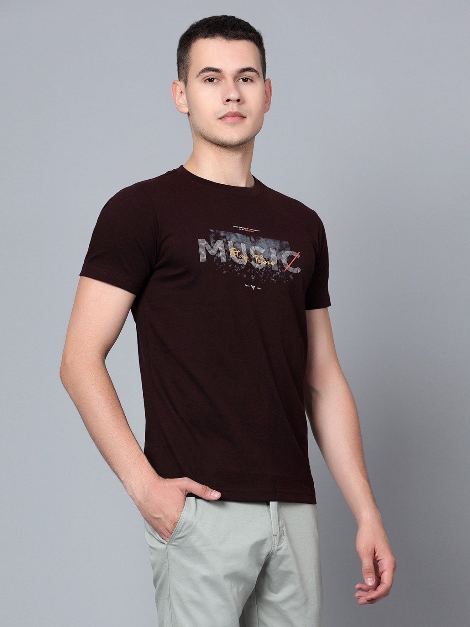 Cantabil Wine Cotton Regular Fit Printed T-Shirt