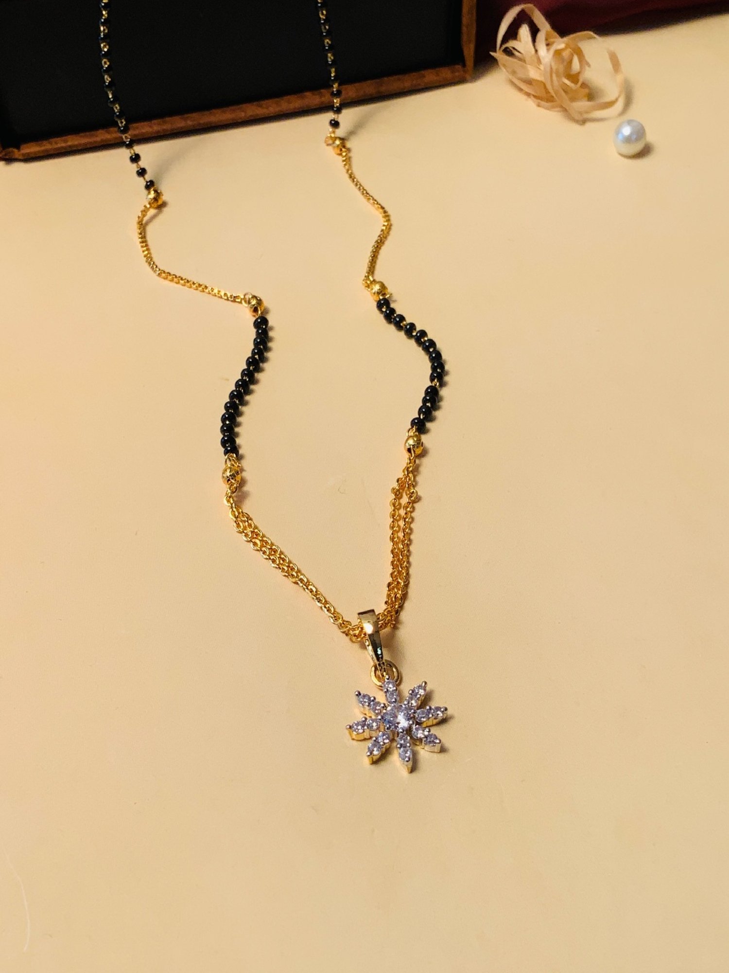 Abdesigns Gold-Plated American Diamond & Black Beaded Mangalsutra