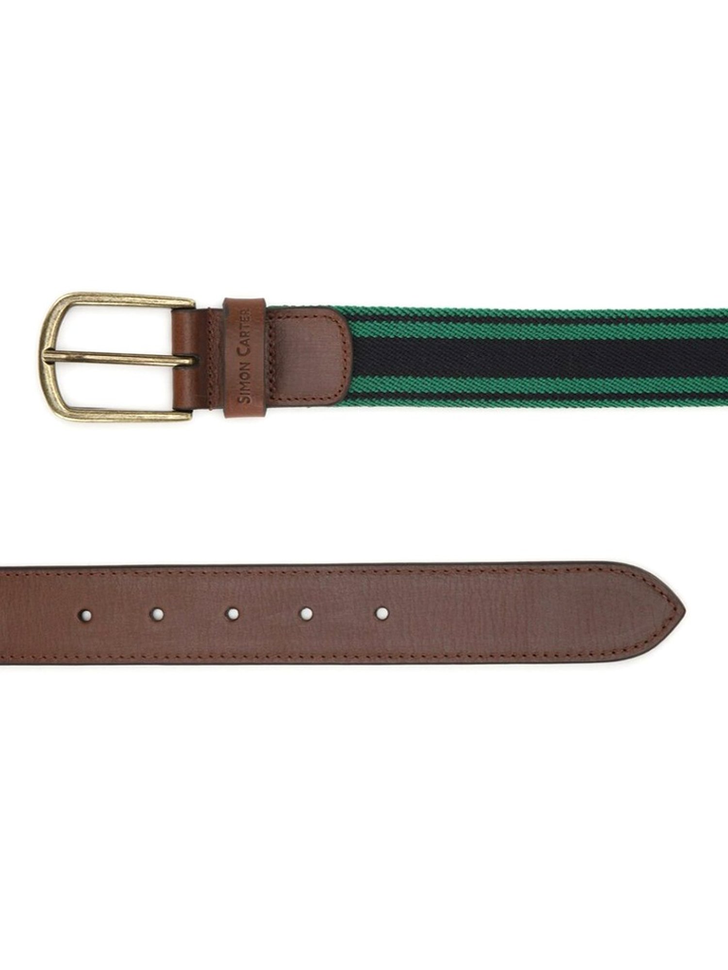 Simon Carter Green Leather Striped Casual Belt for Men