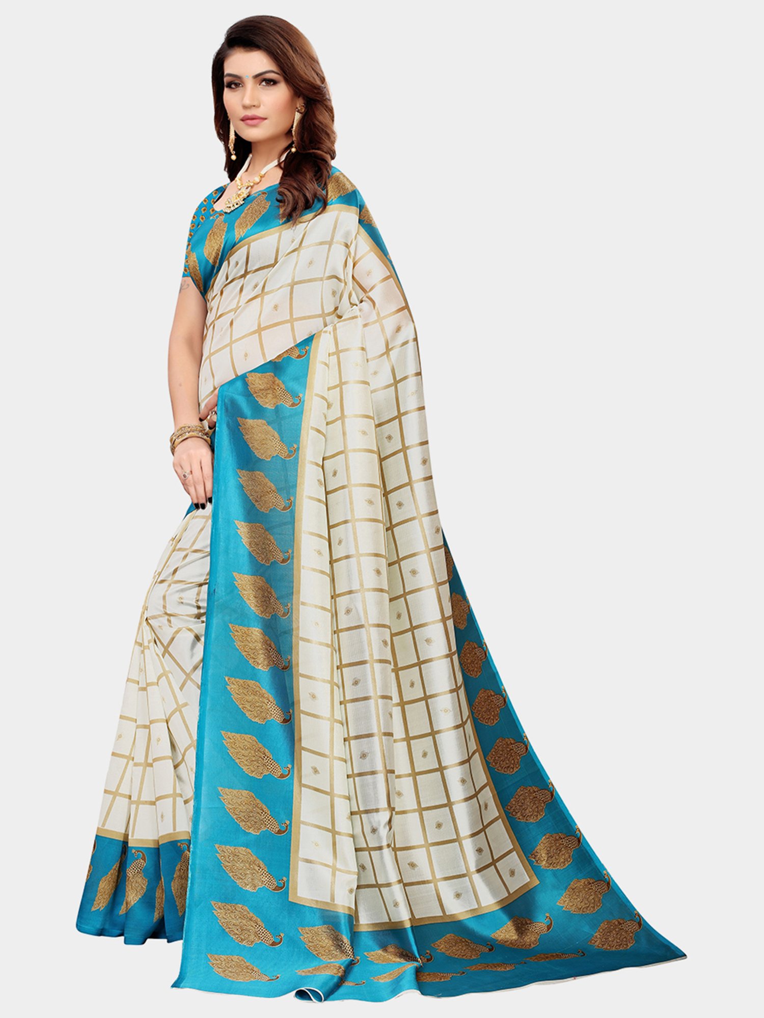 KSUT Blue & Beige Check Saree With Blouse