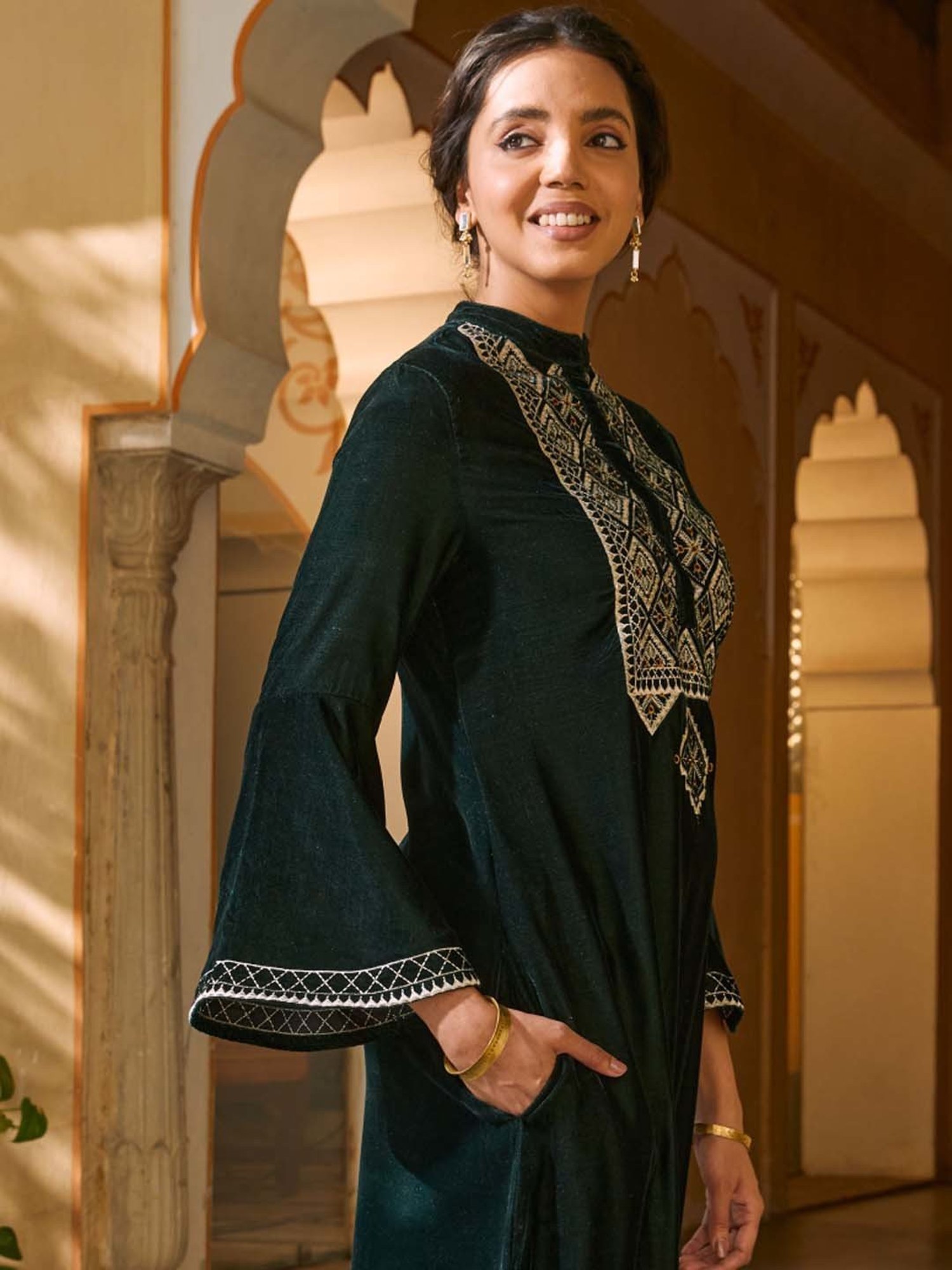 Rustorange Green Embroidered A Line Kurta