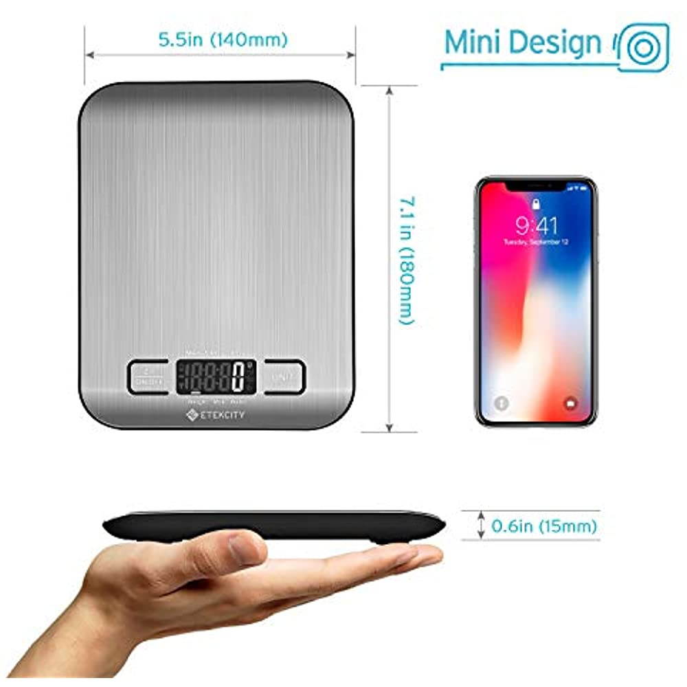 Etekcity Digital Kitchen Scale Multifunction Food Scale, 11 lb 5 kg, Silver, Stainless Steel (Batteries Included)