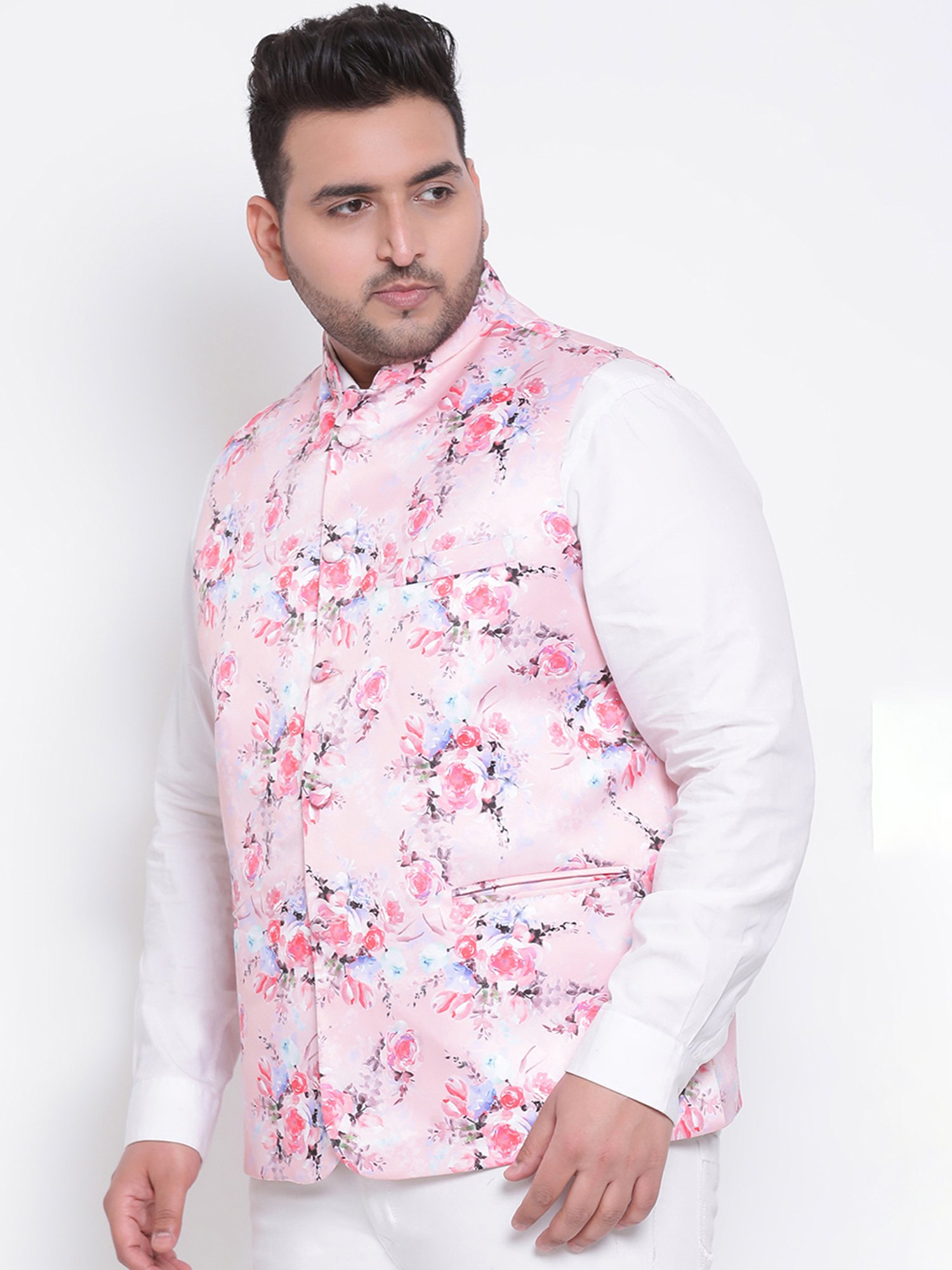 Hangup Plus Pink Regular Fit Floral Print Plus Size Nehru Jacket