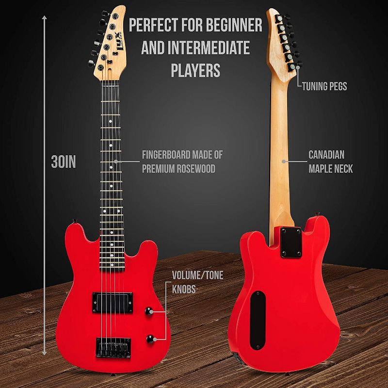 LyxPro 30 Inch Electric Guitar and Starter Kit for Kids with 3/4 Size Beginner's Guitar, Amp, Six Strings, Two Picks, Shoulder Strap, Digital Clip On Tuner, Guitar Cable and Soft Case Gig Bag - Red