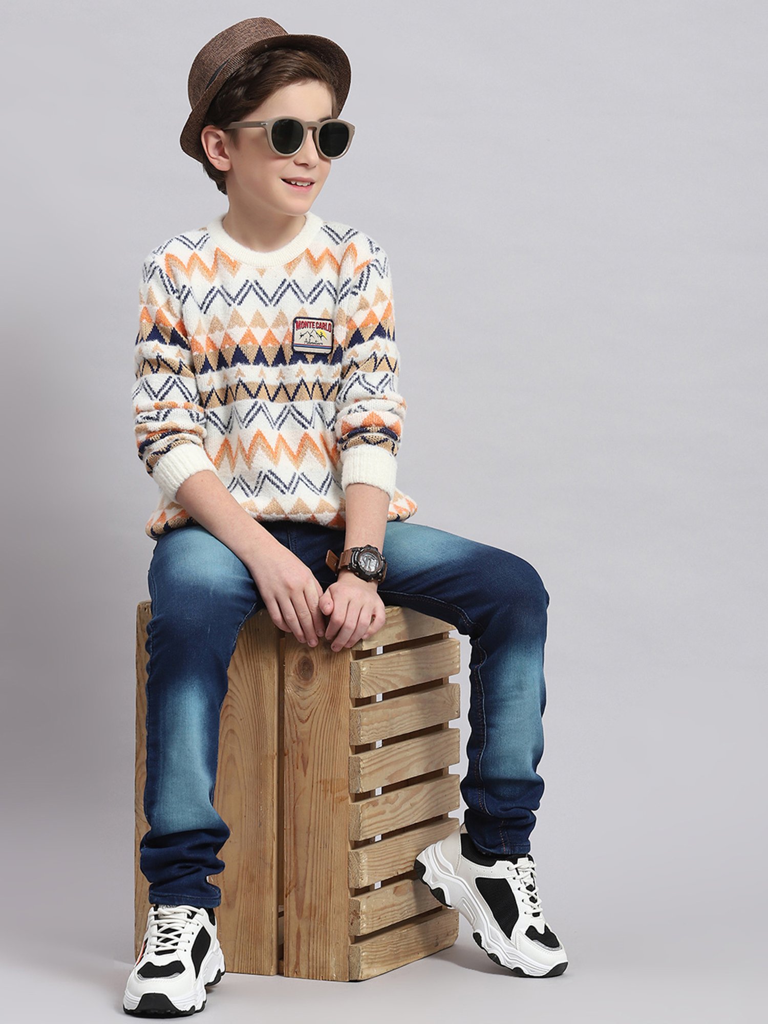 Monte Carlo Kids Off White Self Design Full Sleeves Sweater