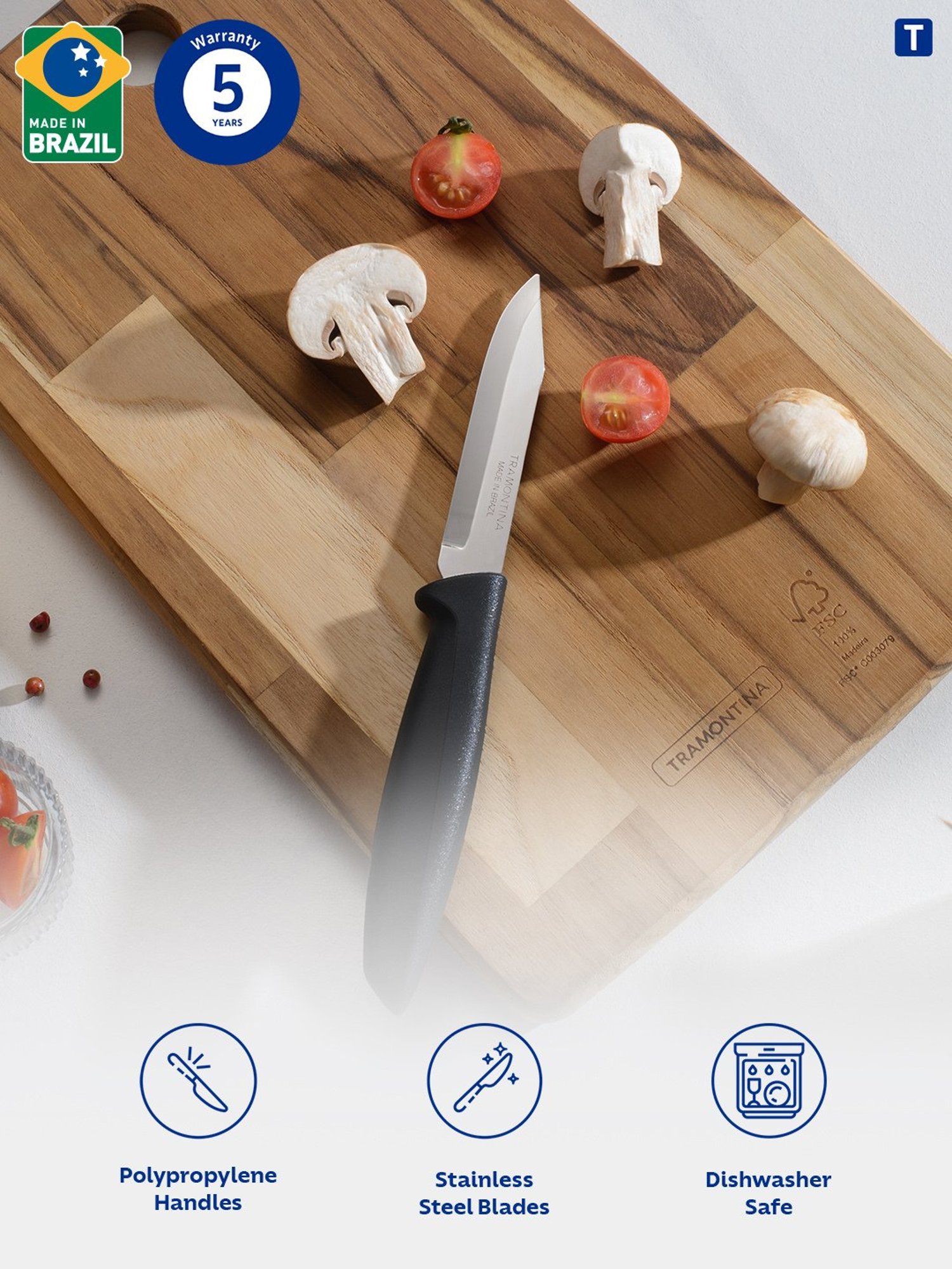 Tramontina Plenus Stainless Steel Set of 3 Knife, Vegetable Knife, Tomato Knife & Kitchen Knife