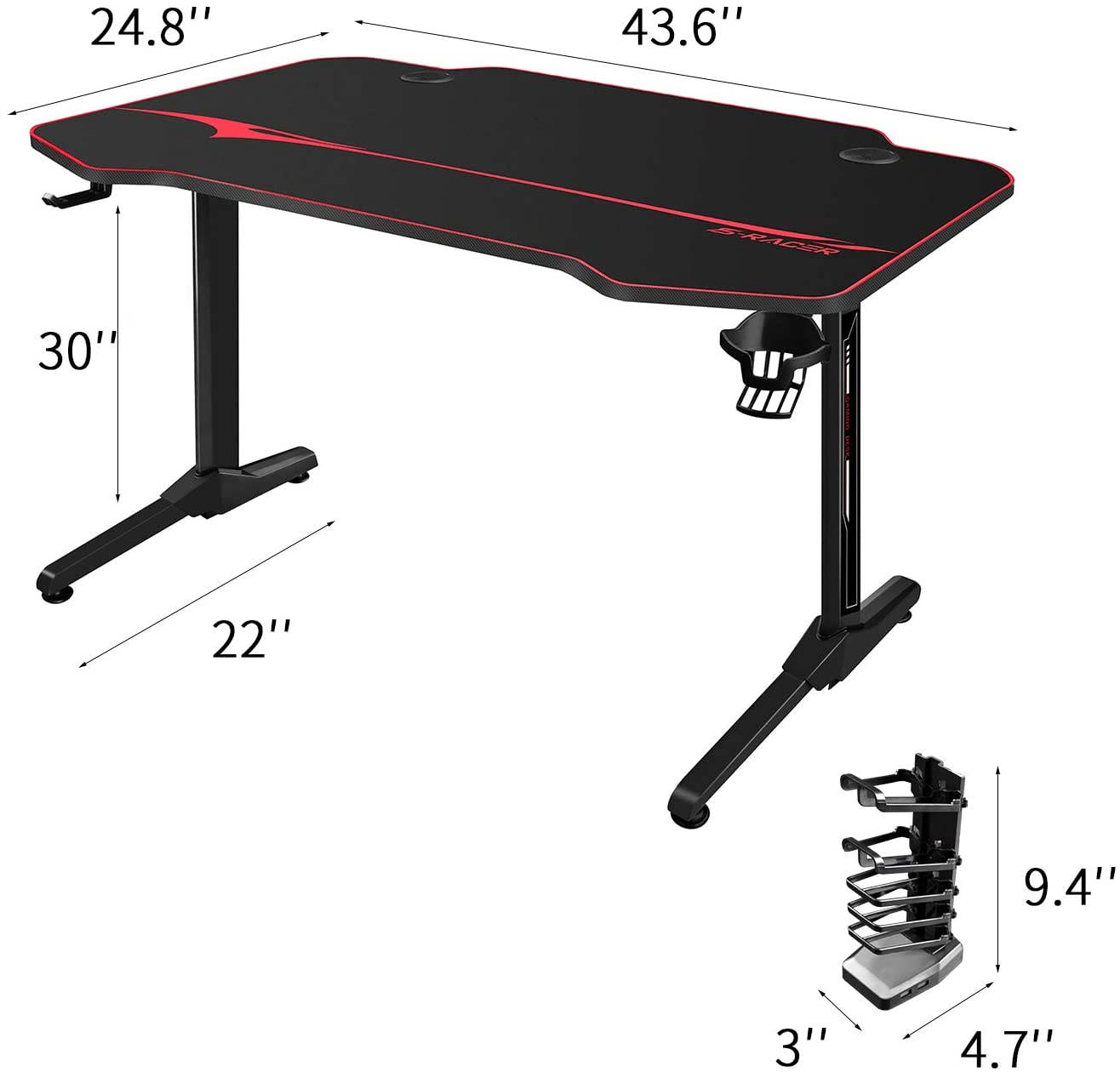Homall 55 Inch Ergonomic Gaming Desk PC Computer Desk Home Office Table T-shaped Frame Table for Pressional Game Lover with Free Mouse Pad, Headphone Hook, Game Handle Rack and Cup Holder (Black)