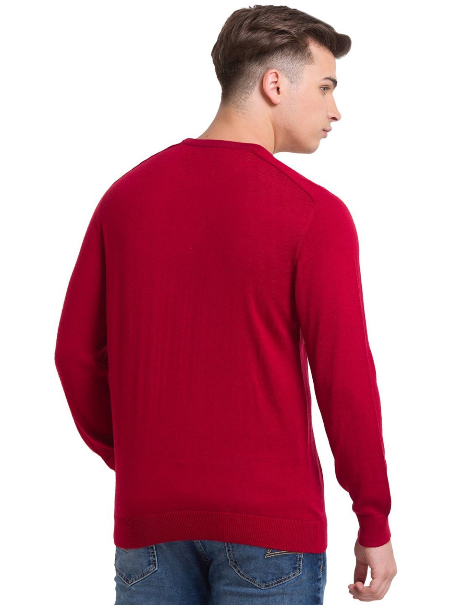ColorPlus Red Tailored Fit Self Pattern Sweater