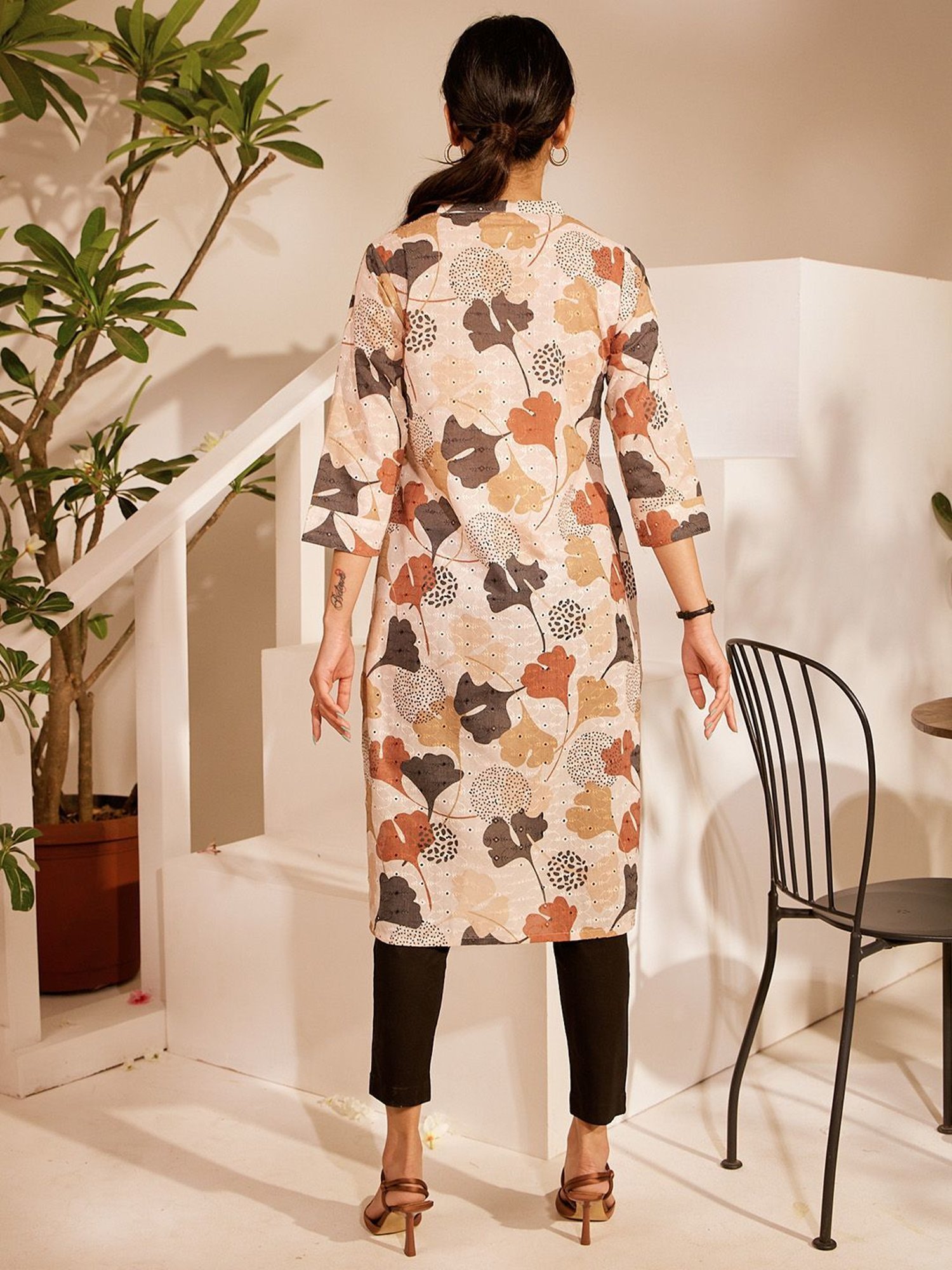 Daali Beige Schiffli Mandarin Collar 3/4 Sleeves Kurta with Two Pockets