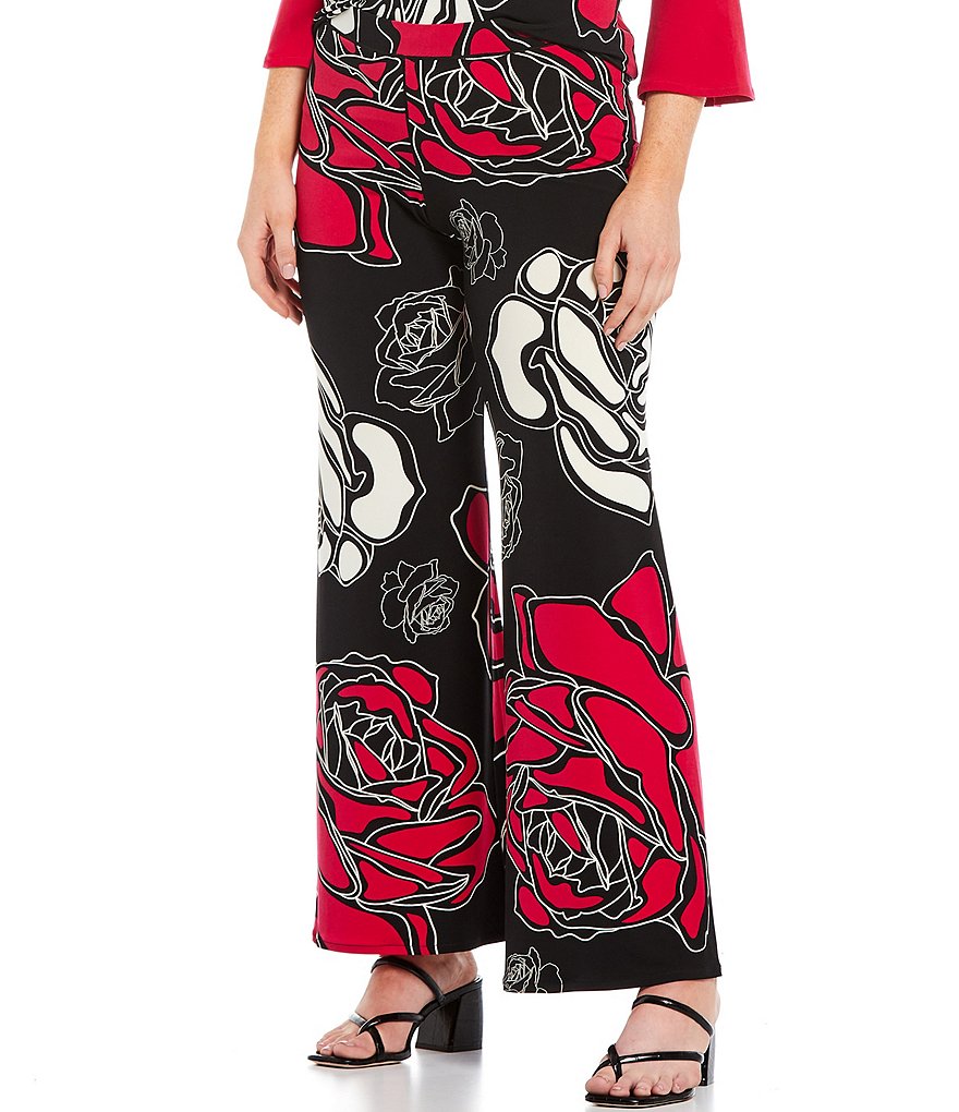 Eva Varro Sketched Rose Print Knit Wide-Leg Pull-On Pants