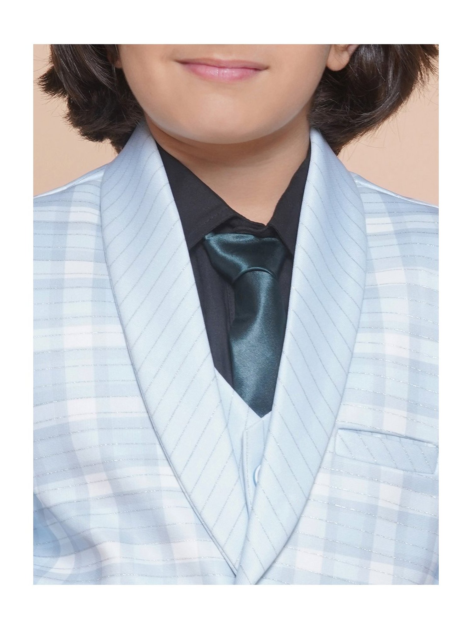 AJ Dezines Kids Sky Blue & Black Solid Full Sleeves Shirt, Pants, Coat, Waistcoat with Tie