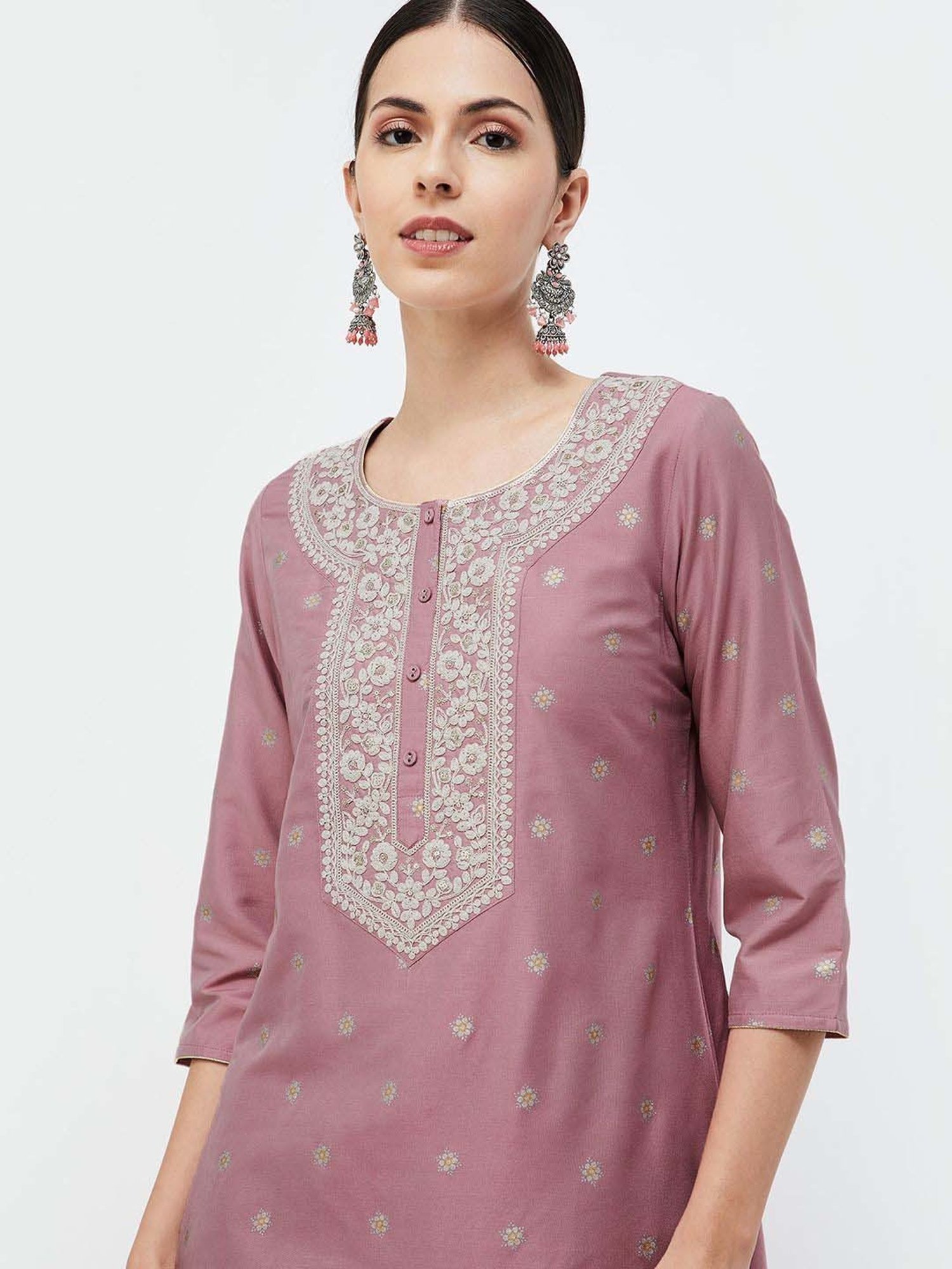 Melange by Lifestyle Purple Embroidered Kurta & Palazzo Set With Dupatta