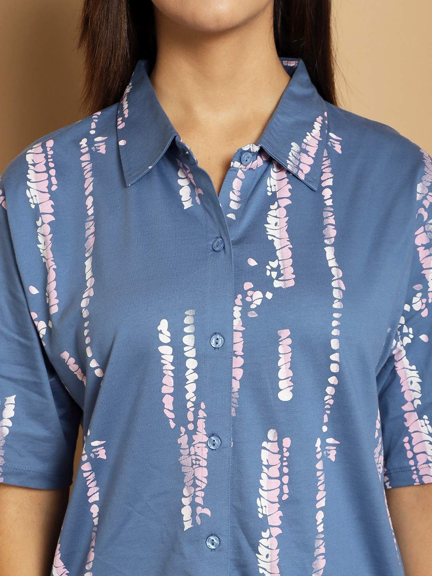 Kanvin Blue Cotton Printed Shirt Pyjamas Set