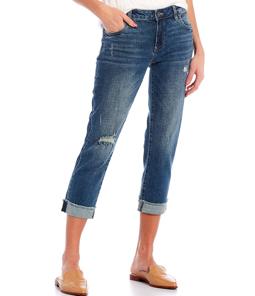 KUT from the Kloth Amy Straight Leg Cuffed Raw Hem Destruction Detail Jeans