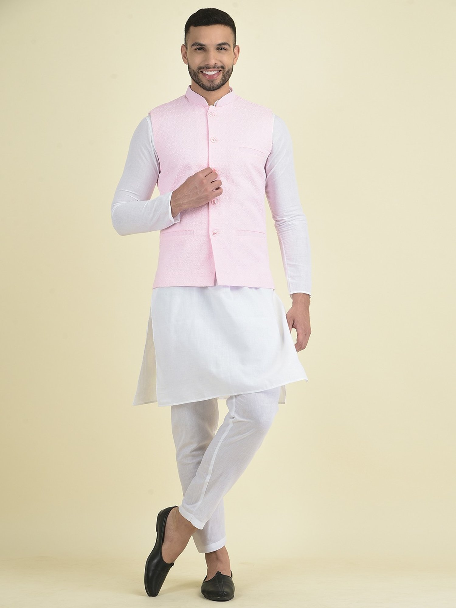 Deyann Pink & White Cotton Regular Fit Embroidered Kurta Set With Jacket