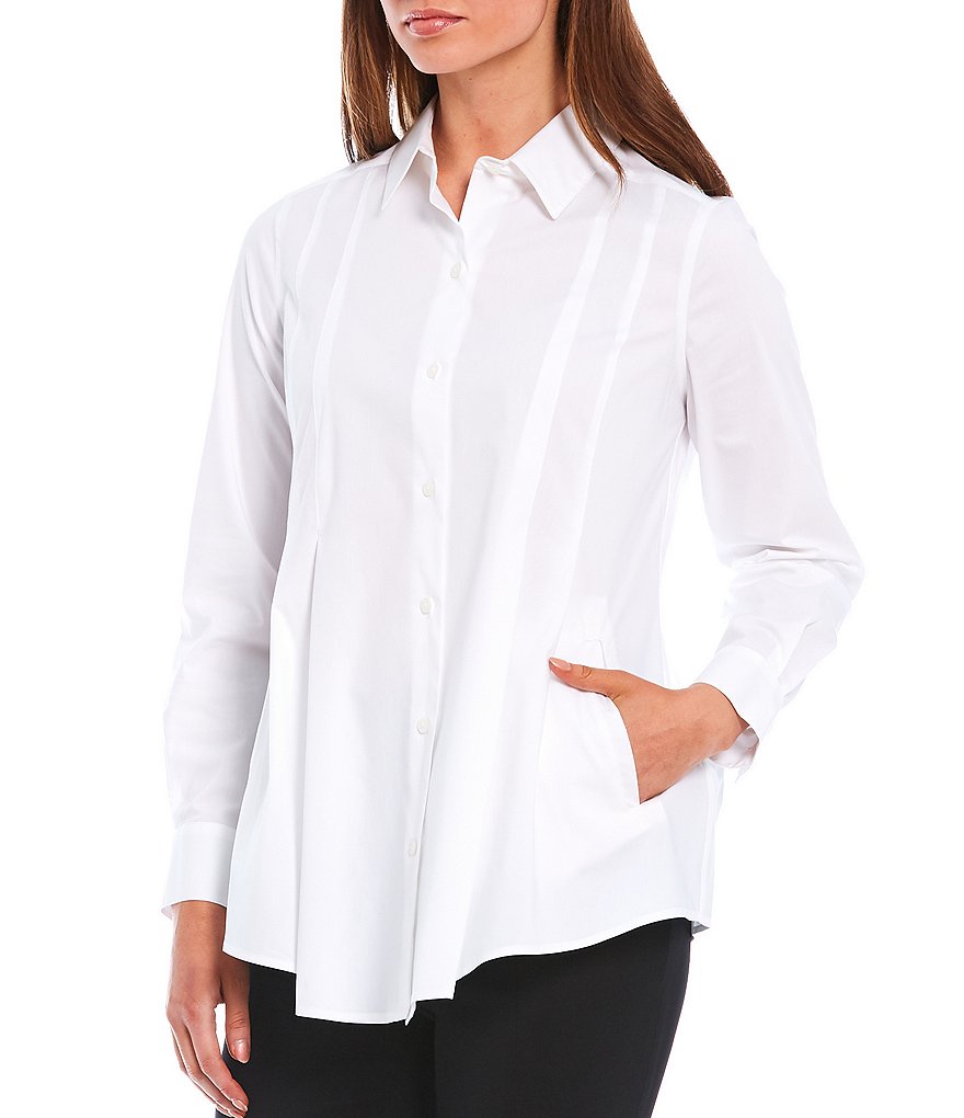 Donna Karan New York A-Line Button Front Point Collar Neck Long Cuff Sleeve Blouse