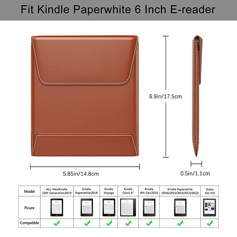 6" Sleeve Case Compatible with All New Kindle 10th Gen 2019/Kindle Paperwhite 2018, PU Leather Pouch Protective Bag Cover Fits Kindle Voyage/Oasis 6"/Kindle 8th Gen E-Reader - Light Brown