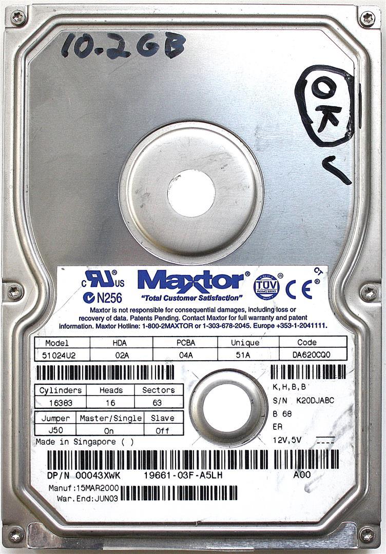 10.2GB IDE HHD, 51024U2 02A 04A 51A DA620CQ0, DP/N 00043XWK