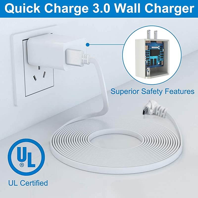 QC 3.0 Charger Brick with 30 Feet Right Angled Micro USB Power Cable,Quick Charger Power Adapter and Charging Cord,Outdoor Power Supple for Arlo Pro,Arlo Pro 2,Arlo Go,Arlo Security Light